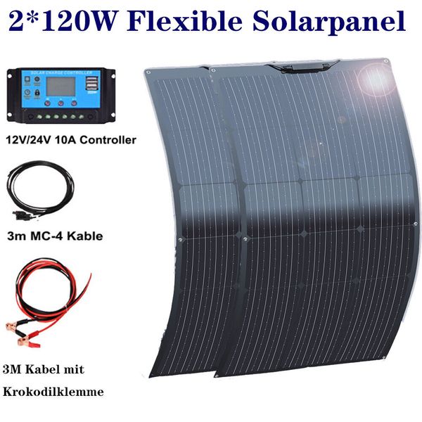 2*120W 12V Portable Flexible Solar Panel Kit RV Camping Off-Grid Power Rooftop