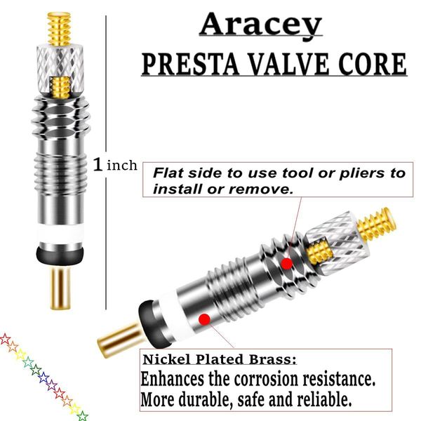 Aracey 36 Pieces Presta Valve Core Kits,Handy Alloy Valve Core Remover,10Pcs Presta Valve Cores,5Pcs Presta Valve Adapters,5Pcs Presta Valve Caps,10Pcs Schrader Valve Cores,5Pcs Schrader Valve Caps