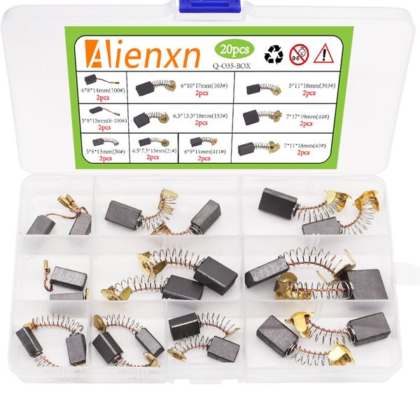 Aienxn 20pcs 10 Different Sizes Electric Motor Carbon Brushes, Motor Carbon Brushes Set for Replacement Repair Power Tools Q-035-BOX