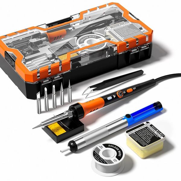 Soldering Iron Premium Kit, 60W Soldering Gun with Ceramic Heater, 12-in-1 Soldering Tool, Adjustable Temperature 200 to 450°C, Includes Soldering Iron Tip, Solder Wire, Pump and Paste