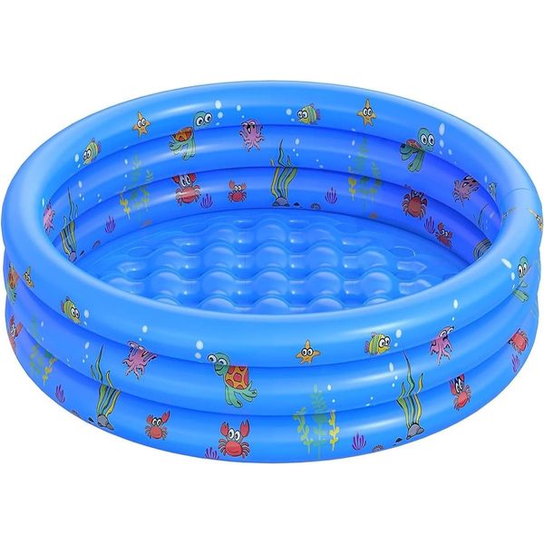 LATERN Paddling Pools for Kids, 100CM x 40CM Inflatable Baby Swimming Pool 3 Ring PVC Non-slip Bath Tub Pools for Toddlers Children Family Outdoor Garden Backyard Water Game (Blue)