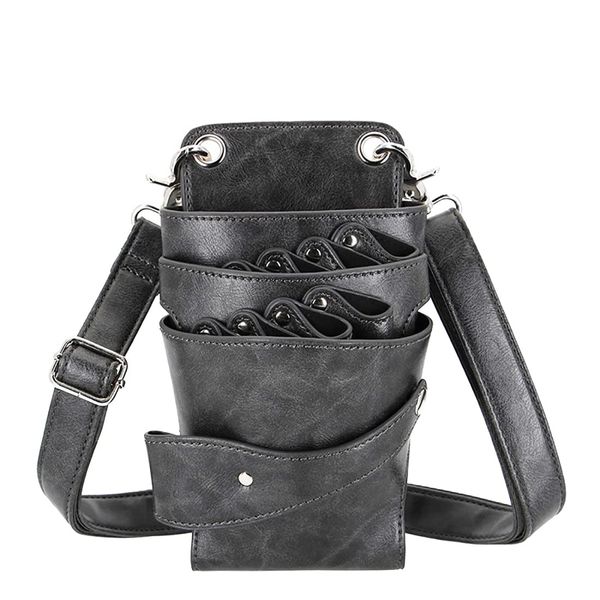 Hairdresser Scissor Bag, Soft PU Leather Salon Barber Hairdressing Scissor Pouch Holster Hair Stylist Tools Bag with Waist Shoulder Strap for Shears, Combs, Clips Grey