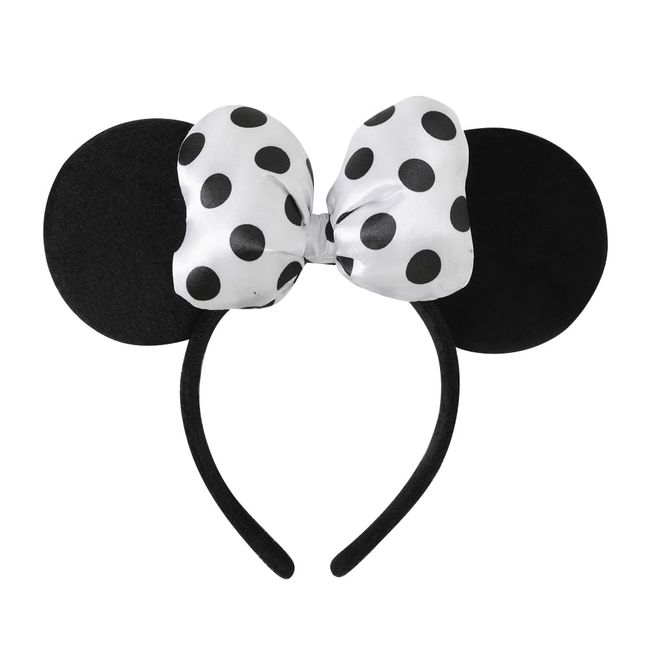 JIAHANG 3D Mouse Ear Headband with Satin Bow, Hair Bow Velvet Headband, Costume Headwear for Women Girls (3D satin white)