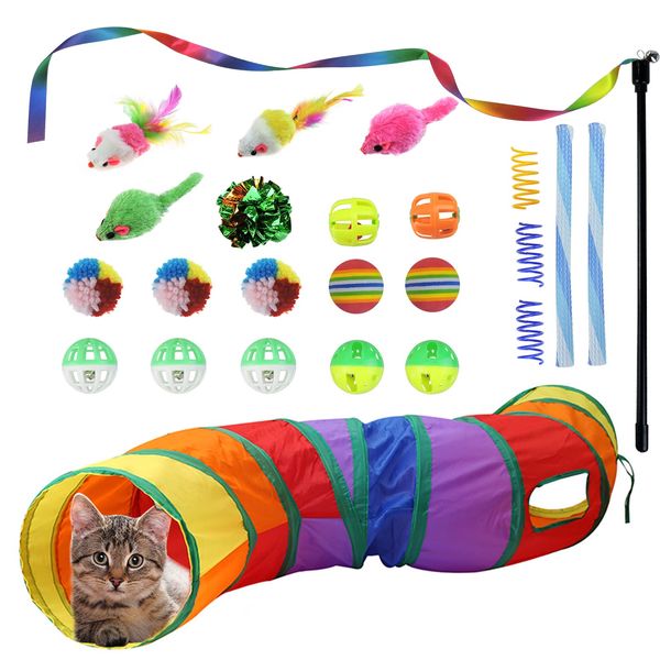 FuninCrea 24 PCS Cat Toys Kitten Toys Assortments, Cat Tunnels for Indoor Cats Variety Cat Toy Pack Fluffy Mouse, Spring Cat Toys, Crinkle Balls Cat Toys for Indoor Cats Kitten