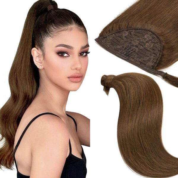 Loxxy Human Hair Ponytail Wrap Around Ponytail Extension Real Human Hair Chocolate Brown Clip in Pony Tails Hair Extensions Human Hair Long Straigth with Magic Paste 16 Inch 80g