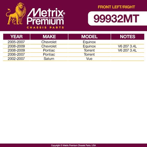 Metrix Premium Chassis Parts - Front Left & Right Sway Bar Stabilizer End Link Kit Fits 05-09 Chevrolet Equinox, 06-09 Pontiac Torrent, 02-07 Saturn Vue, Replacement K80460, K80461, Made in Europe