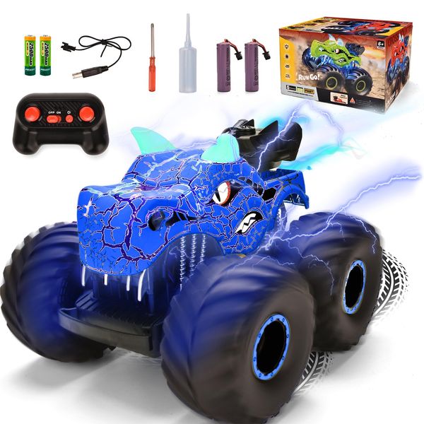 Onadrive Remote Control Dinosaur Car Toys for Kid Boys, 2.4GHz RC Monster Truck Toys with Spray, Light, Sound, Indoor Outdoor All Terrain Rechargeable Electric RC Car Toy, Gifts for Kids (Blue)