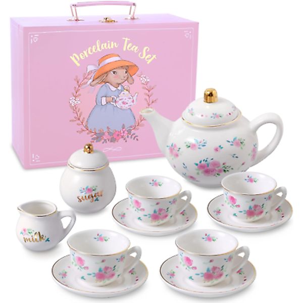 Porcelain Tea Set White & Floral Tea Party Set for Kids Children Tea Sets