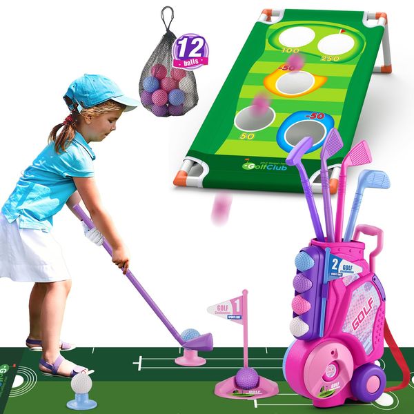 HYES 2 in 1 Toddler Golf Set, Upgraded Kids Golf Clubs with 12 Balls, Cornhole Board & Putting Mat, Shoulder Strap, Indoor Outdoor Sport Toys Gift for Boys Girls Aged 1-5 Years Old, Pink