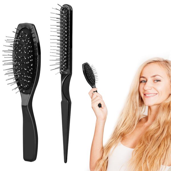 Synthetic Wig Brush,2Pack Hair Brush 8.2inch Pointed Tip & 7inch 2 Pack Wig Brush Wig Wire Brush Rounded Tip Combs Portablefor Synthetic Wigs Detangling,Barber,Beginner(Black)