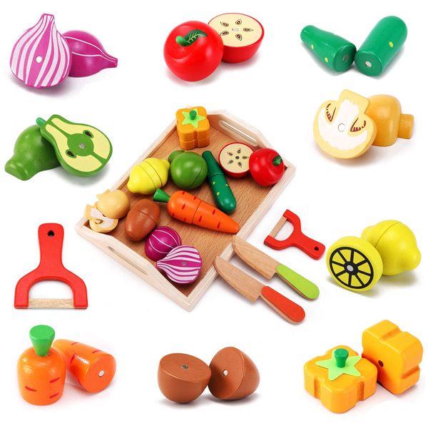 CARLORBO Wooden Play, Fresh Vegetables & Fruits, Magnetic Ingredients Set, For Girls, Boys, Wooden Toys, Crisp Cutting Pretend Play