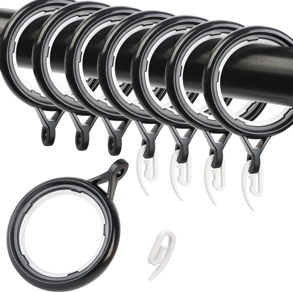 WCIC 32 Pack Curtain Rings and Hooks Black 40mm Hanging Rings Hooks Plastic Curtain Rings with Hooks for Hanging Curtains(Black)