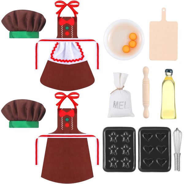 Hungdao Christmas Elf Accessories Mini Elf Doll Baker Outfit Set Include Apron Hats Rolling Pin Egg Cookie Tray Set Mixing Bowl for Xmas Elf Doll Decorations, Doll is Not Included (Cute Style)