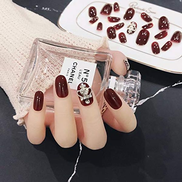 24 Pcs 3D Decoration Artificial Diamond Decoration Solid Color Nail Tips with Adhesive Tape Double Sided Nail Tips for Wedding, Photo Taking Party, After-party, Zircon Handmade Nail Tips Cute Elegant Nail (Crown)