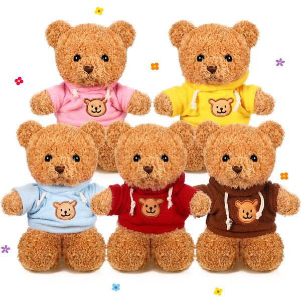 5 Pcs Bears Stuffed Animal Soft Plush Toys 12 Inches Cute Bear Small Shaggy Bear with Hoodie Bow Tie for Kids Boys Girls Baby Shower Birthday Party (Light Brown, Hoodie Style)