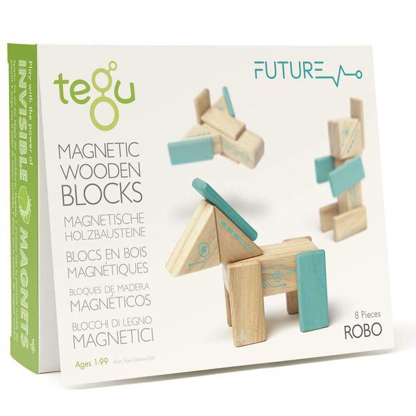 Tegu Robo Magnetic Wooden Block Set, Electric Aqua, 8 PIECE