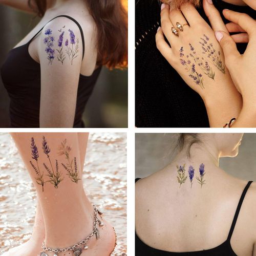 Dopetattoo 6 Pcs Lavender Flowers Temporary Tattoos for Adults Men & Women Provence Wildflower Flower Aquarelle Purple Floral Lavandula Green Leaves Lilac Flyin Fake Tattoo Kit Neck Arm Hands Leg
