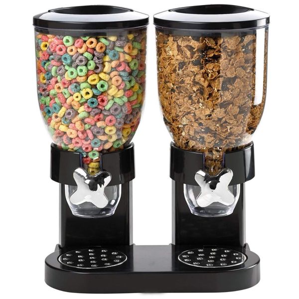 Double Cereal Dispenser Classic Dry Food Double Canister, Dry Food Dispenser Control Storage Container, Great for Cornflakes, candy, nuts, beans, granola - Kitchen Storage Dispenser, Black