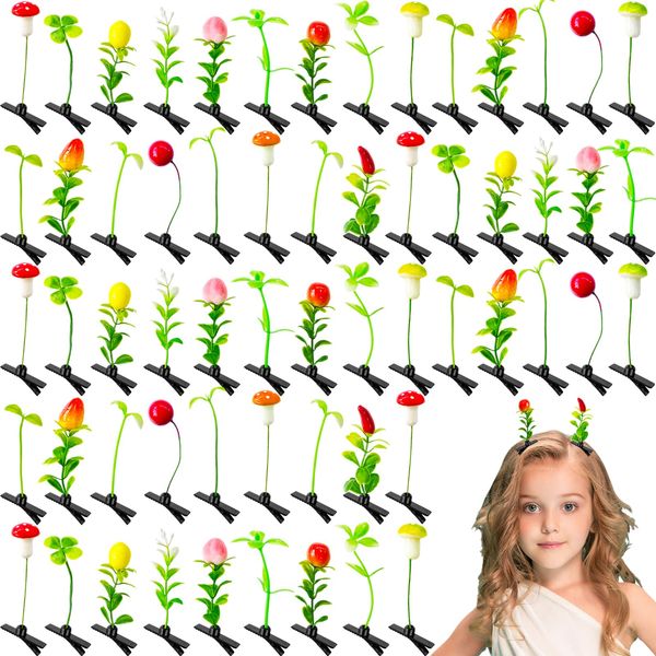 60 Pcs Bean Sprout Hair Clips,Funny Plant Hairpins,Mixed Style Flower Mushroom Little Grass Barrette Hair Accessories for Women Girl School Home Party Christmas