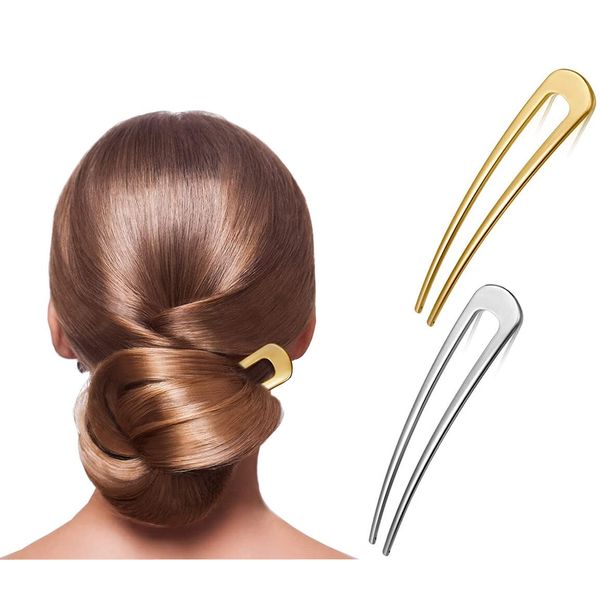 2 x U-förmige Haarnadeln aus Metall, französische Haarnadeln, Vintage-Gabeln, Bobby-Pin-Set, 2 Zinken, Hochsteckfrisuren, Chignon-Pins für Frauen, Mädchen, Dutt, Haar-Accessoires (Gold + Silber)