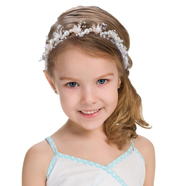 Flower Girl Headpiece Hair Accessories for Wedding, Flower Girl Headband Flower Crown Floral Girls Tiara Rhinestone Pearl Princess Headband for Baby Girls Toddler First Communion Prom Party