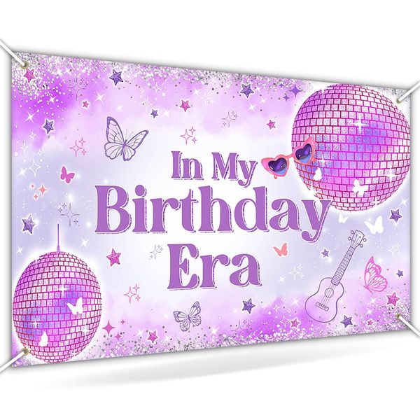 Avezano In My Birthday Era Banner for Girls Purple Glitter Disco Happy Birthday Party Decorations Retro Stars Disco Balls Birthday Party Backdrop 70.8 x 43.3 Inch