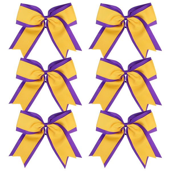 8 Inch 2 Colors Cheerleader Bows 2 Layers 6 Pcs Ponytail Holder Cheerleading Bows Hair Elastic Hair Tie (Purple/Yellow Gold)