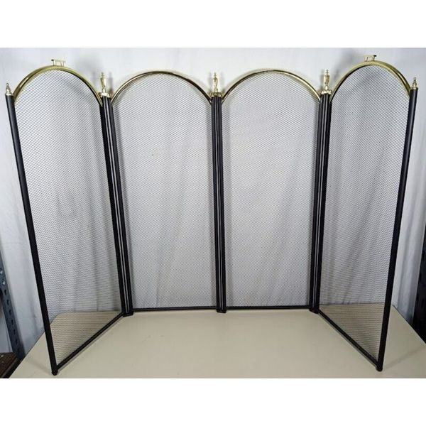 Vintage Black Folding Fireplace Screen w/Brass Accents Black Mesh 4 Panels 32.5"