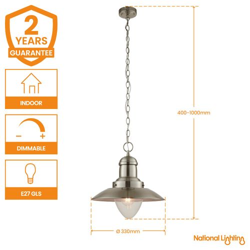 National Lighting JACOB Modern Satin Nickel Effect Fisherman's Style Ceiling Pendant Light Shade IP20 Rated