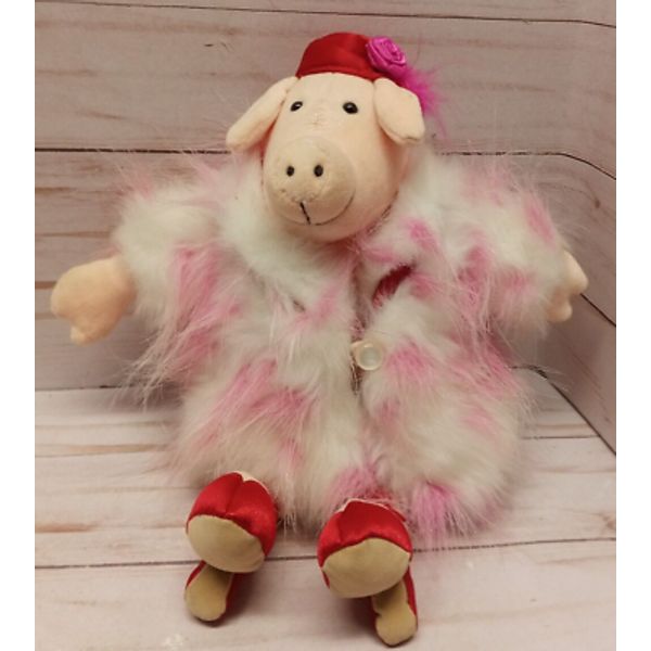 JellyCat w/ Tag Medium Furcoat Piggy Red Hat Red Heals needs light cleaning