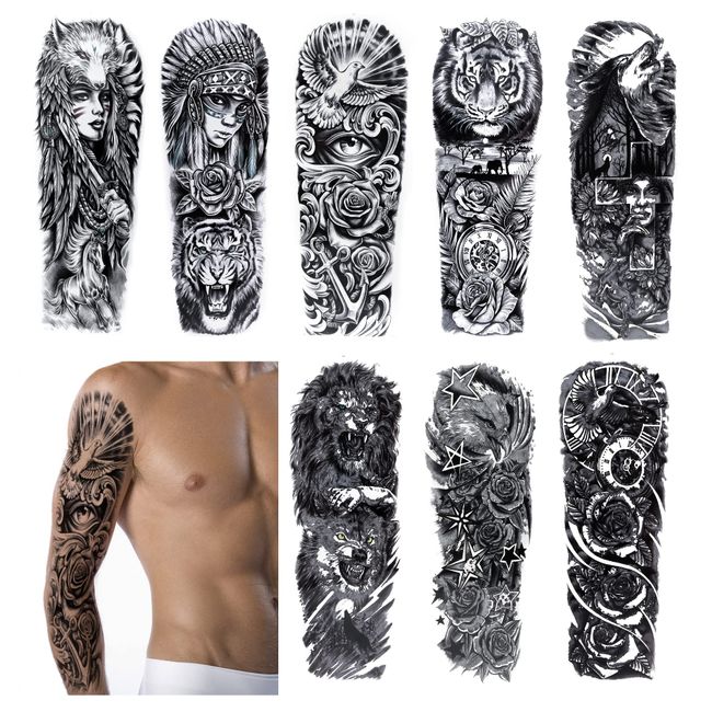 Temporary Tattoos for Adults Men Waterproof Fake Tattoo Stickers Kit for Arm/leg (Full Arm 8pcs)