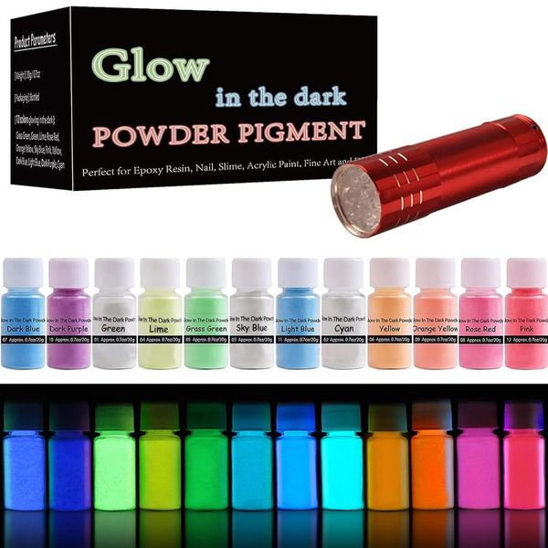 Biutee Luminous Powder, 0.7 oz (20 g), 12 Color Set, High Brightness, Long Time, Glow in the Dark and UV Black Light, Slime Powder, DIY, Mica Powder, Adhesive Pigment, Natural Bath Powder, Pigment