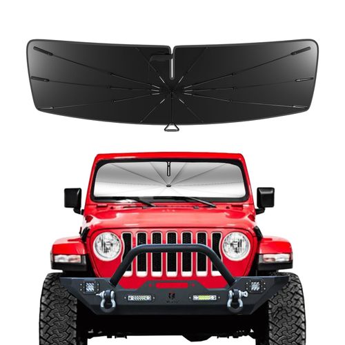 Pigenius Windshield Sun Shade Umbrella for Jeep Wrangler 2019-2025, Jeep Gladiator 2020-2025. Foldable Umbrella Sunshade with Silver Heat Shield to Keep Cool UDS
