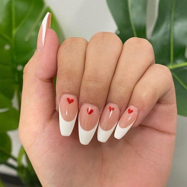 24pcs Medium Coffin False Nails French Tip Red Heart Stick on Nails White Edge Press on Nails Removable Glue-on Nails Full Cover Fake Nails Valentines Day Women Brides Nail Art Accessories