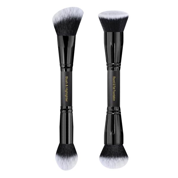 LORYP Black Makeup Brushes 2Pcs Duo End Foundation Powder Brush Set, Blush & Highlighter Brush and Round & Flat Foundation Brush