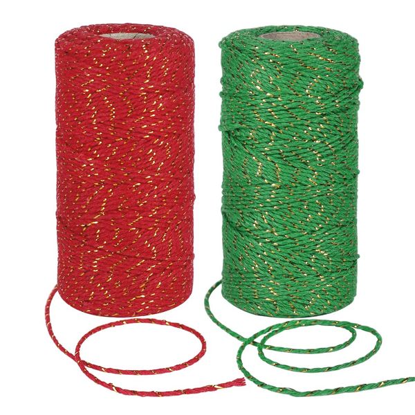 tenn well Cotton Twine String, 200m Cotton Yarn Coloured Twine String for Gift Wrapping, Packing and Crafts Decorations (Red Gold and Green Gold)