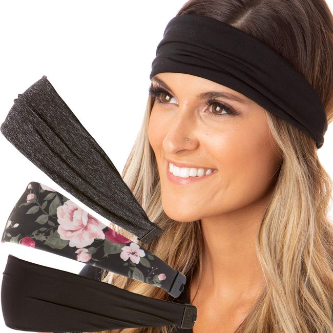 Hipsy Adjustable Cute Fashion Sports Headbands Xflex Wide Hairband for Women Girls & Teens (3pk Charcoal/Floral/Black Xflex)