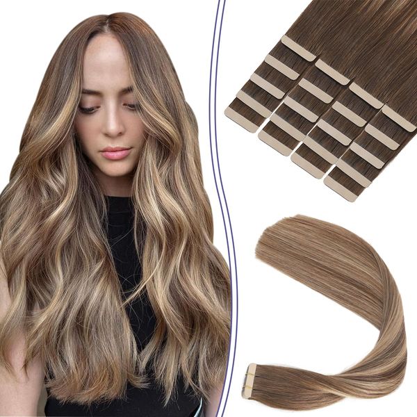 Sindra Tape in Extensions Echthaar Balayage Schokoladenbraun bis Karamellbraun 20pcs 50g 55cm Remy Echthaar Extensions Tape Extensions Seidig Gerade Invisible Tape Ins #4/27/4 22 Zoll