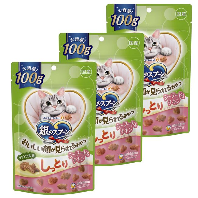 Silver Spoon for Cats, Snacks, Delicious Face Snacks, Moist Seafood, Chicken, 3.5 oz (100 g) x 3 Bags Made in Japan