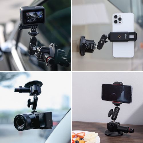 UURig SC-01 Suction Mount 3" for Vlogging Action Camera Car Mount w Smartphone Clamp for iPhone 16 15 14 13 Pro Max, 1/4" Magic Arm Adapter Mount Desk Suciton Mount for Car Windshield Window