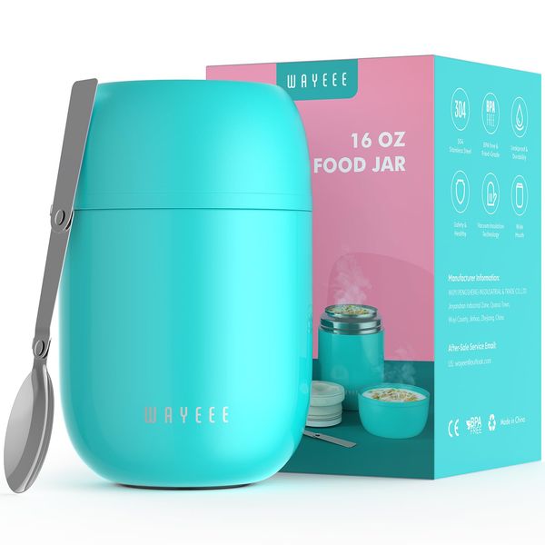 WayEee Food Thermos for Hot Food Insulated Food Jar, Vacuum Bento Box Lunch Containers 16 oz for Kids Adults, Airtight Stainless Steel Food Soup Thermos with Spoon, for School, Travel, Picnic - Blue