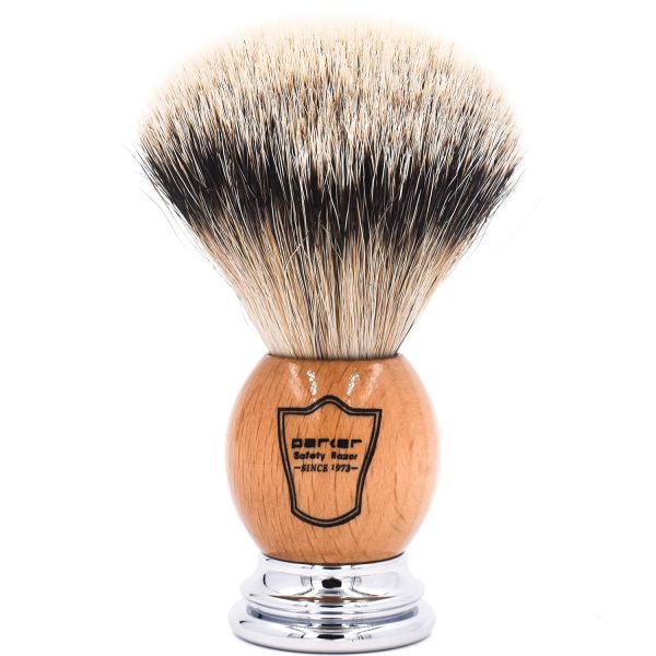 Parker Silvertip Badger Shaving Brush - Men&#39;s Badger with Faux Horn Handle Long Loft Dense Bristle Stand with Chrome Base