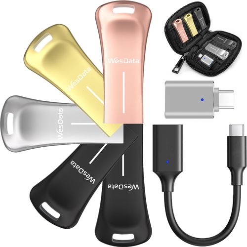 WesData 5-Pack 64GB Small USB Flash Drives with 2 USB C Adapters in Portable Carrying Case, Zinc Alloy Metal Shell, 4 Colors, Thumb Drive, Memory Stick, Pen Drive for PC/Mac/Phone/Laptop/Car