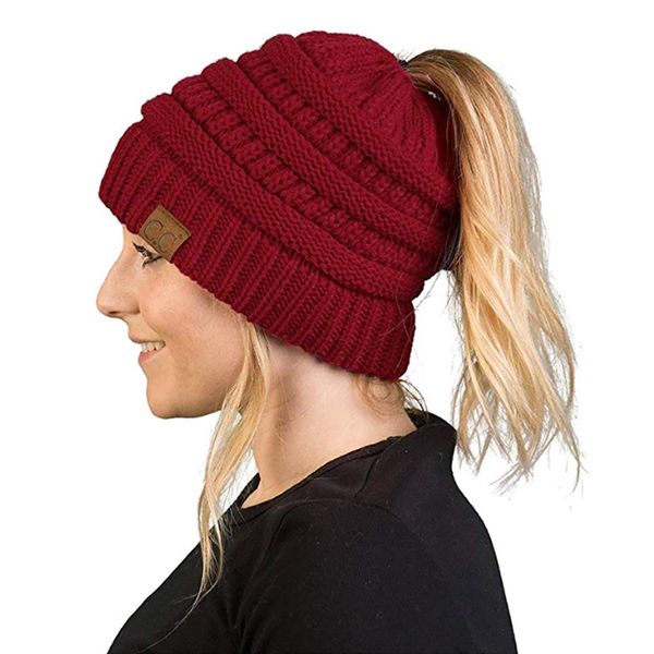 Messy Womens Winter Knit Hat Beanie Tail - Burgundy