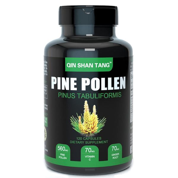 QIN SHAN TANG Pine Pollen Supplement wtih Ginger Root and Vitamin C, 99% Cracked Cell Wall,120 Veggie Capsules