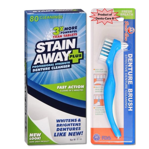 Stainaway Denture Cleaner 80 Cleaning Tablets Bundle With Dentu-Care Denture Brush for Maintaining Good Oral Care of Full/Partial Dentures. Brings Out the Sparkle in Your Dentures