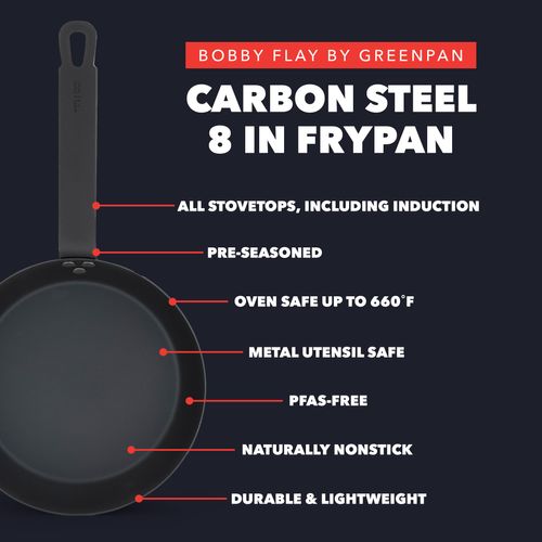 GreenPan x Bobby Flay 8" Carbon Steel Frying Pan Skillet, Pre-Seasoned, Naturally Nonstick, PFAS-Free, Heavy-Duty, High-Heat Safe, Durable & Versatile for Stovetop, Oven, Grill, & Open Flame Cooking