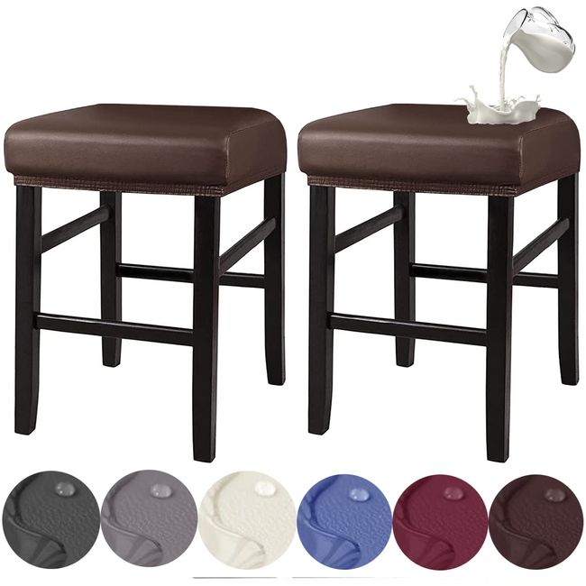 Stool Covers Rectangle, Stretch Waterproof PU Rectangle Bar Stool Covers Vanity Stool Cover Washable Counter Stool Covers Saddle Seat Cover with Elastic Band for Wooden Metal Barstool(2 Pack,Coffee)