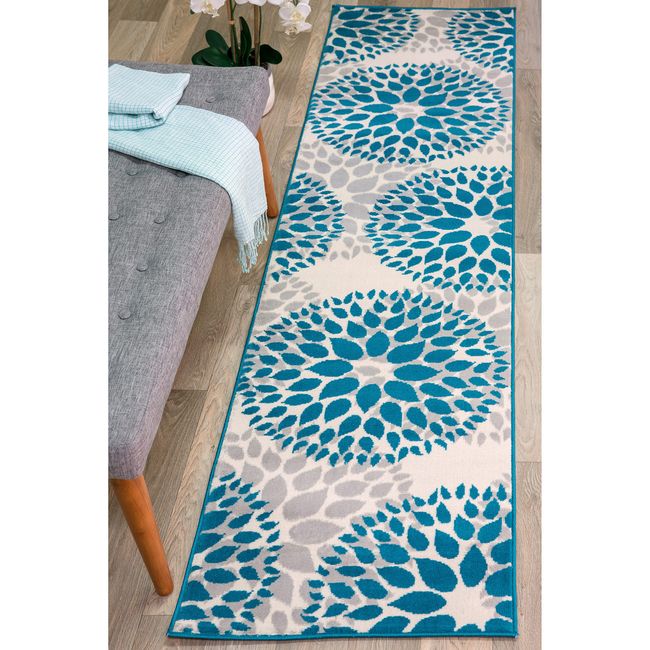 Rugshop Kitchen Rugs Modern Floral Circles Rugs Runner Rugs Long Blue Rug 2x10