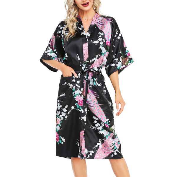 Lovasy Kimono Dressing Gowns Satin Kimono Robe Peacock and Blossoms Silk Dressing Gown for Women UK Long Silk Bride and Bridesmaid Robes,Black,S